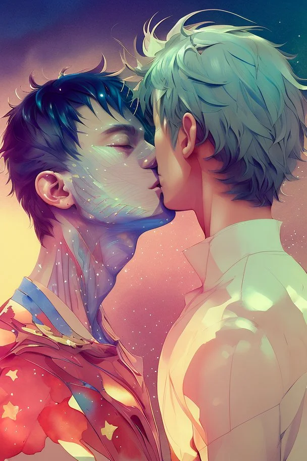 portrait anime man kissing man, ,yellow, stars hearts water, blue, watercolor, Yoshikata Amano, Edwin Landseer, Ismail Inceoglu, Russ Mills, Victo Ngai, Bella Kotak, hyperdetailed 8K resolution HDR DSLR, ultra detailed, ultra quality, CGSociety, intricately detailed, color depth, gliter, kiss