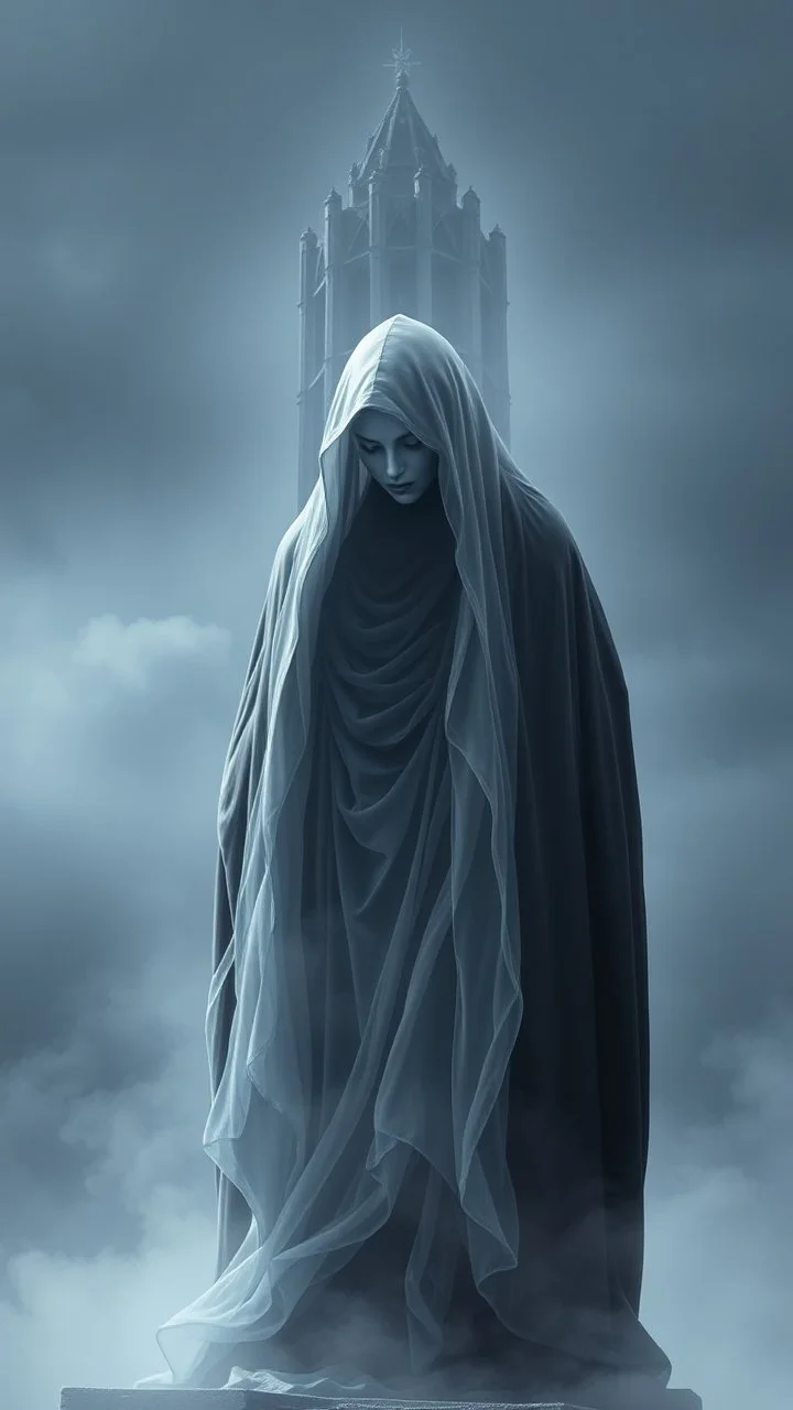 In a mesmerizing and ethereal manner, an otherworldly being emerges in the form of a translucent grey hood statue flowing smoky black robes. Forward facing s tower in the background