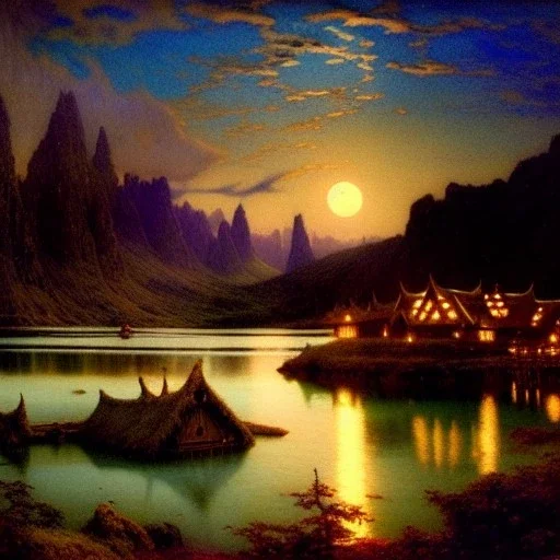 Drawing of 'Viking LongHouse',mountain,lake,full moon, by gaston bussiere, greg rutkowski, yoji shinkawa, yoshitaka amano, tsutomu nihei, donato giancola, tim hildebrandt,oil on canvas, cinematic composition, extreme detail,fit full head inside picture,16k