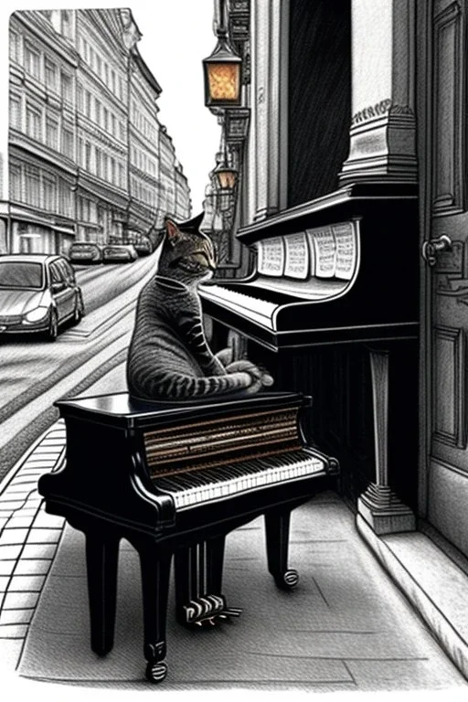 One single mature cat playing piano on the street, Vienna, friendly, model style, hyper realistic, extremely accurate, delicate, extremely detailed, Graphic novel style, wide-angle, open aperture, superfine pencil