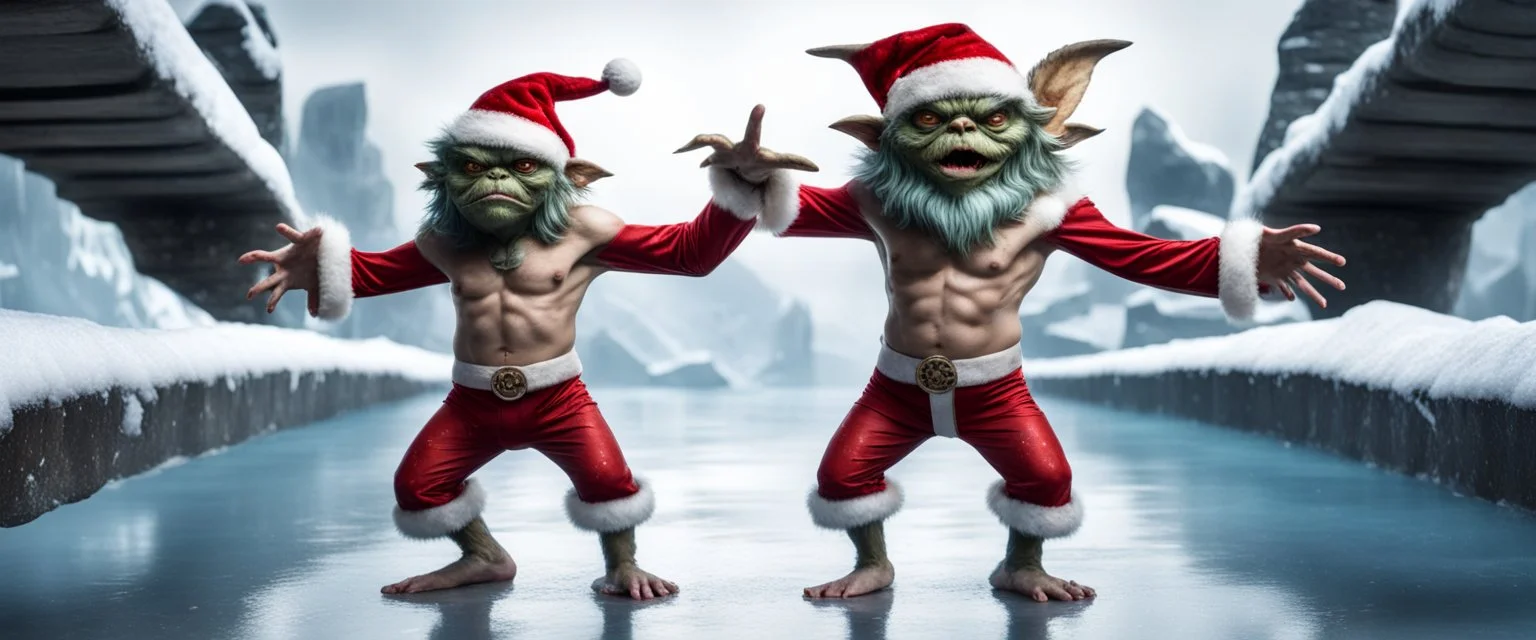 full body psionic santa gremlin in threatening pose in swimsuit on ice stone bridge, in front of mirror