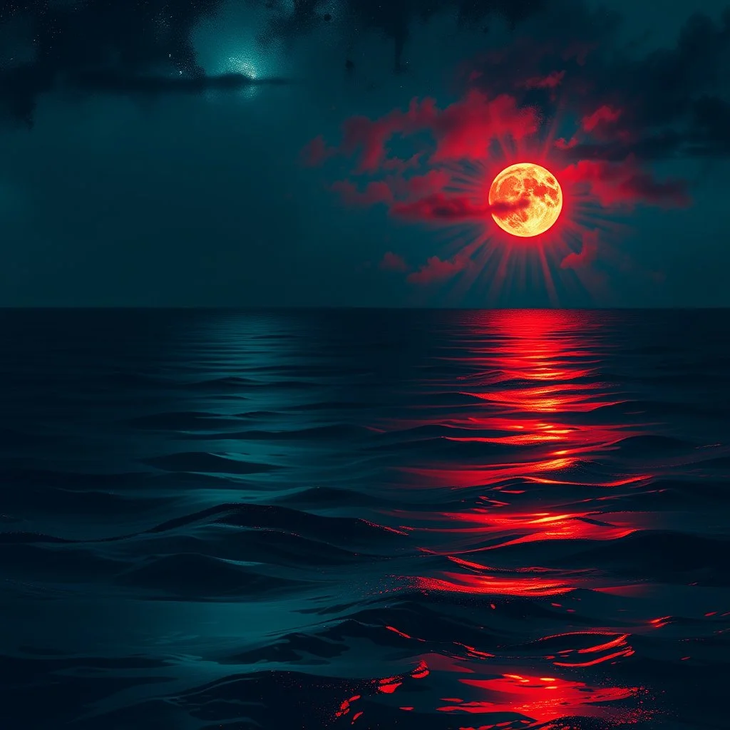 romantic picture, abstract night, with red and green ocean water , hq