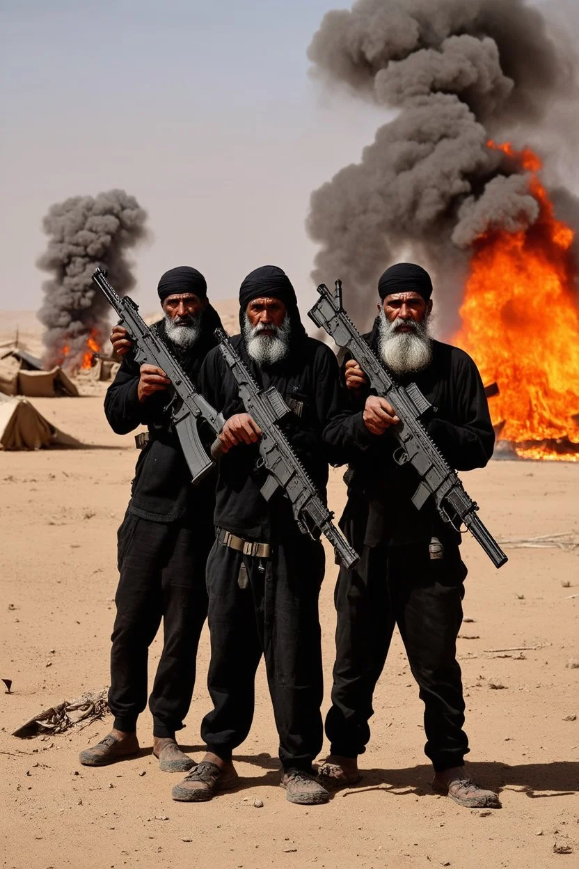 schwarze terroristen in einer wüste stehen hinter einem brennendem dorf mit ihren sturmgewehren. sie sind alt und obdachlos und haben graue bärte. Sie haben einen bombengürtel und glauben an allah