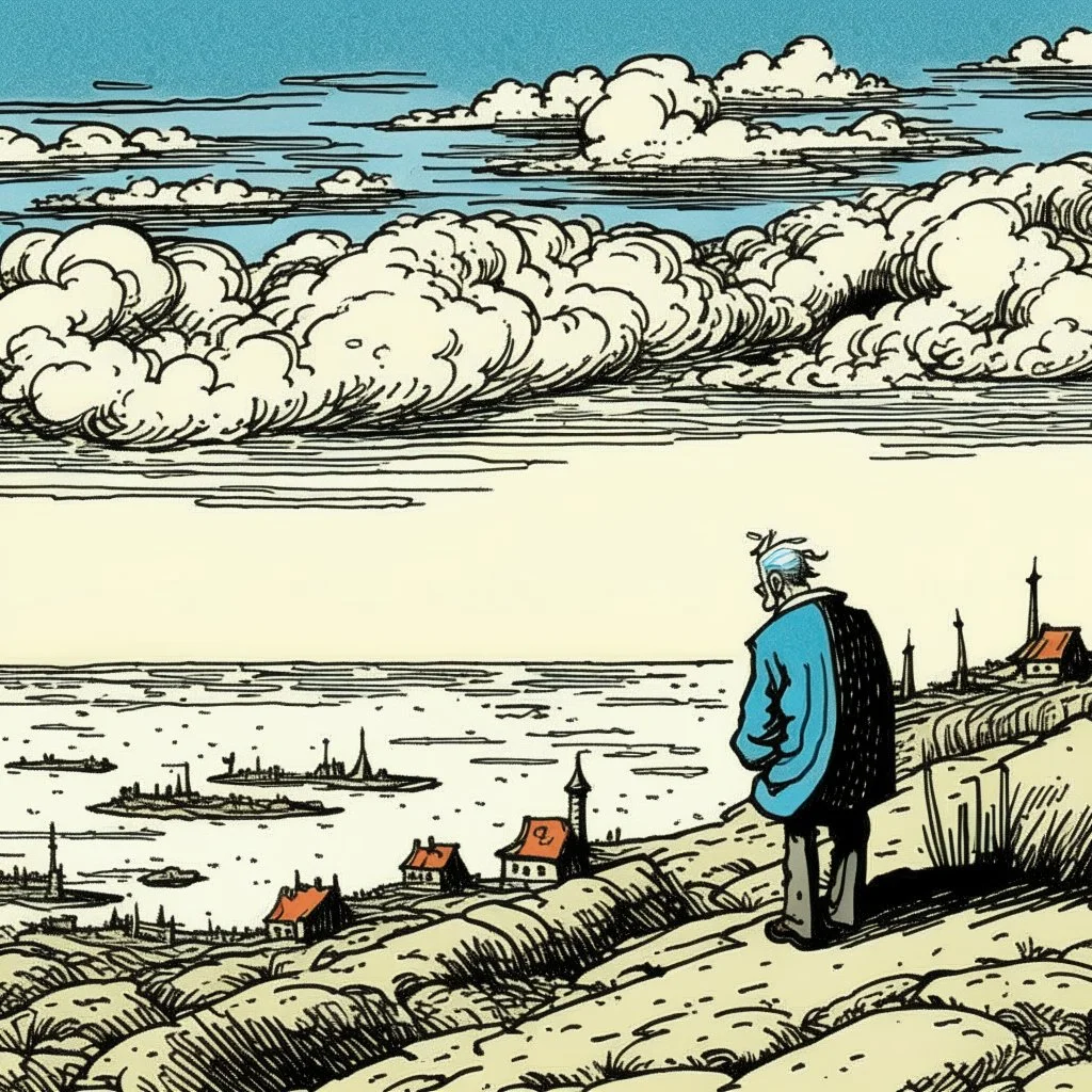 a alone man. pen and ink, birds eye view, illustrated by hergé, Background space and earth