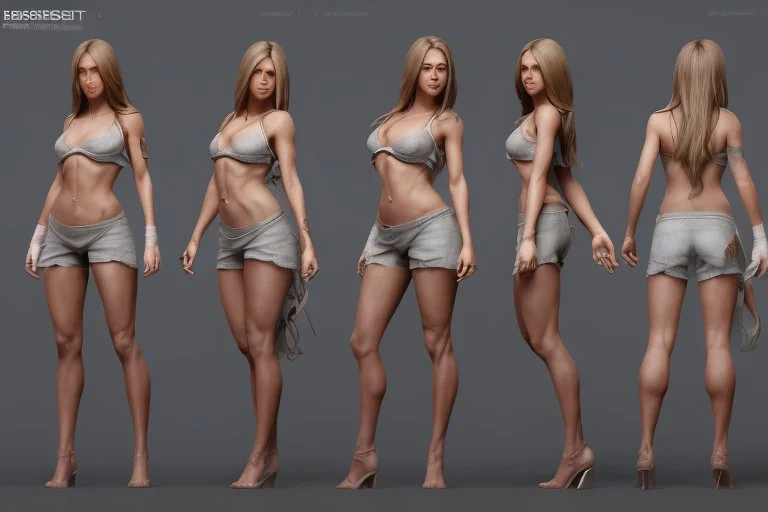 Female character full anatomy Proportions including front, side, and back model sheet .stylized animation character 8k Art station. stylized realistic style character vray render .smooth skin.