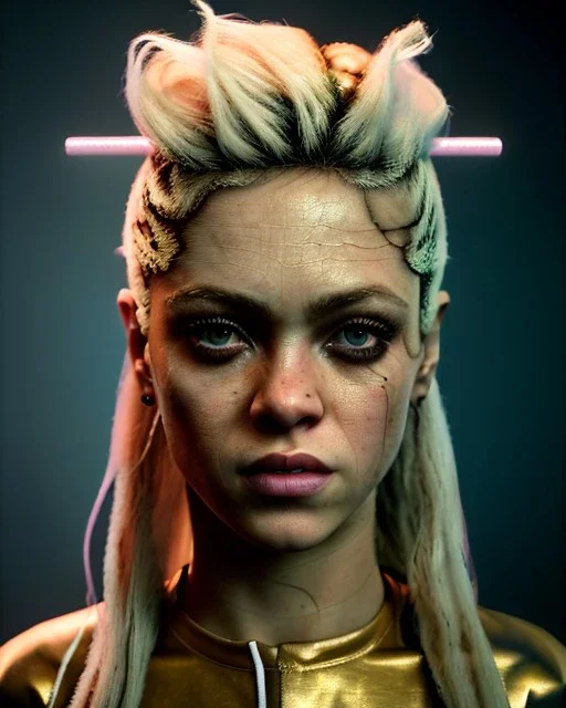 portrait, Shakira, blonde artist, angry, Realistic image, MMA robe, hoodie, mma gloves, fight pose, make-up make-up, gold line make-up, sweat, fog, goddess style, Neon colors, leds. Black background, photo studio, concept art, smooth, unreal engine 5, god lights, ray tracing, RTX, lumen lighting, ultra detail, volumetric lighting, 3d, finely drawn, high definition, 4k.