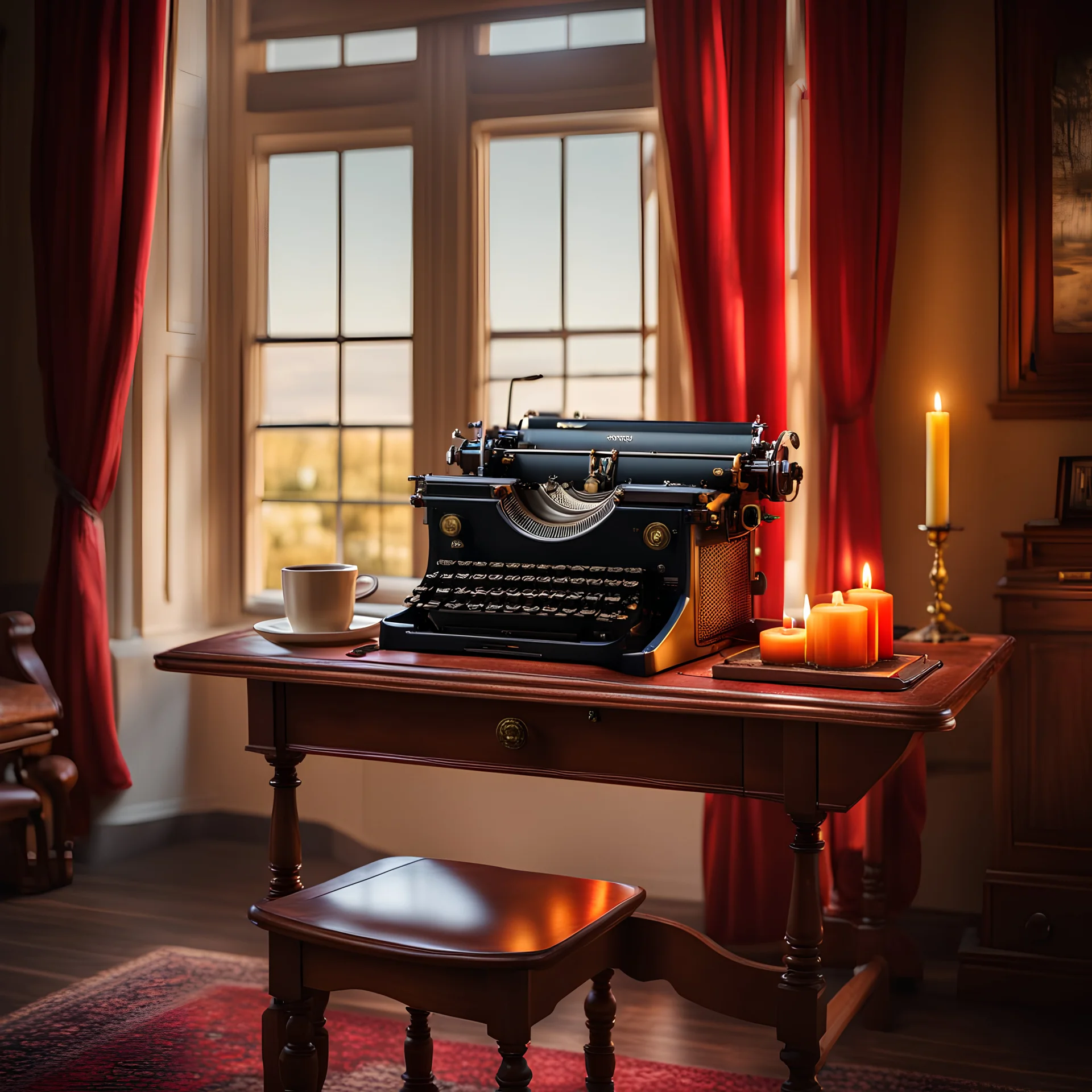 an old-fashioned typewriter stands on an old-fashioned desk in a room with high windows, candle lighting and heavy velvet curtains, Award winning photography illustration dynamic lighting 8k, award winning fantastic view portrait, colourful Nikon850