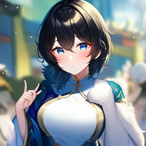 Clear focus,High resolution, Black short fluffy hair, and blue eyes, wearing a Chinese Traditional outfit dark green with black, Blushing, Hand up, white fur around her neck