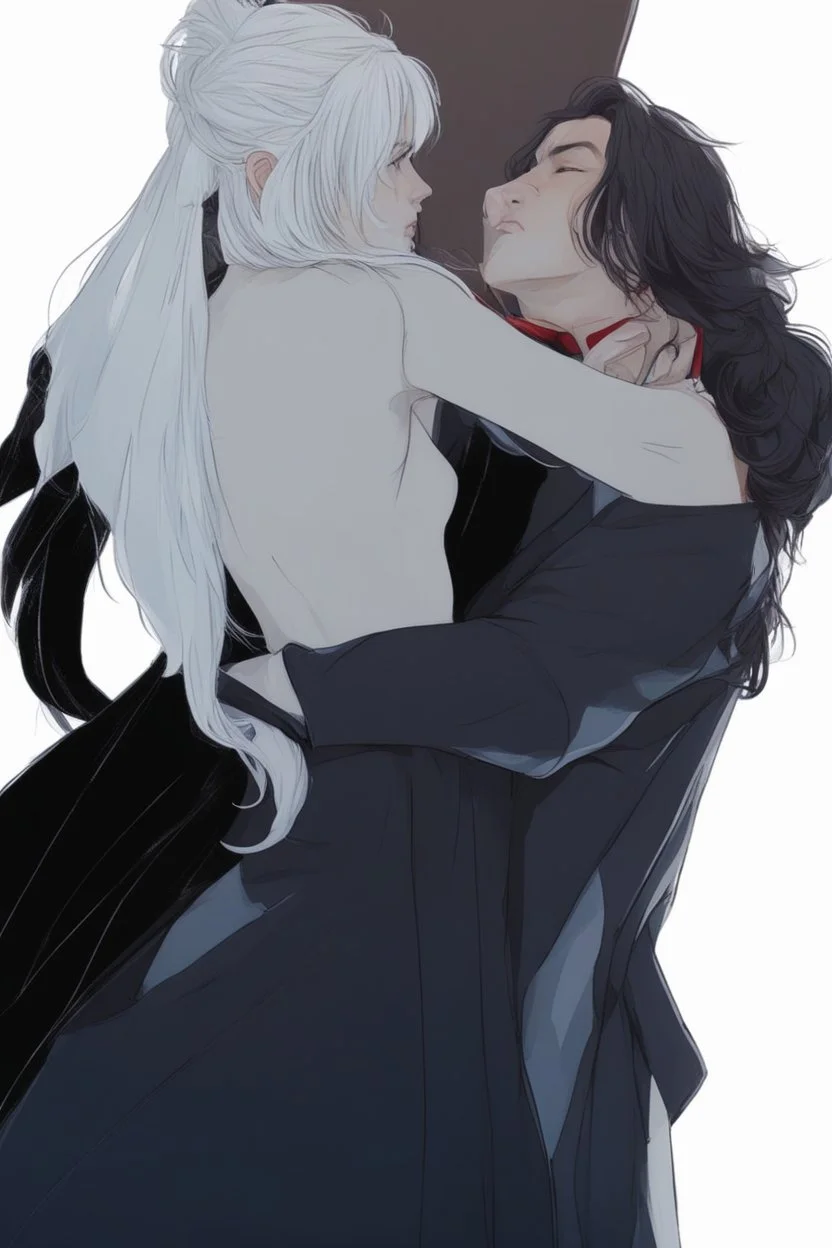 Couple from dnd kissing, woman with white hair wearing a dress, man with long black hair tunic and red cloak.