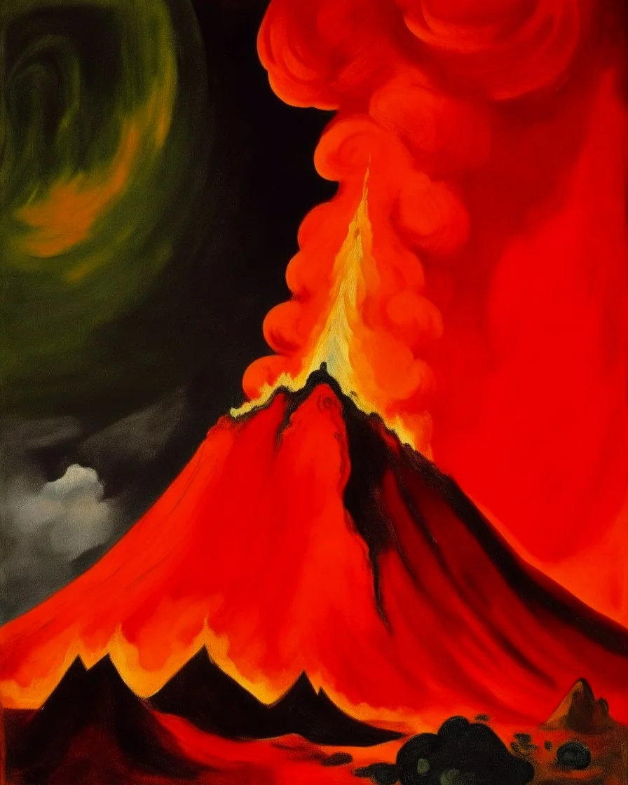 A dark orange colored volcano with chaotic fire painted by Pablo Picasso