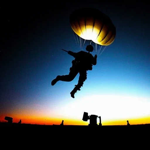 a soldier jumping off of an airship, over a battlefield at night