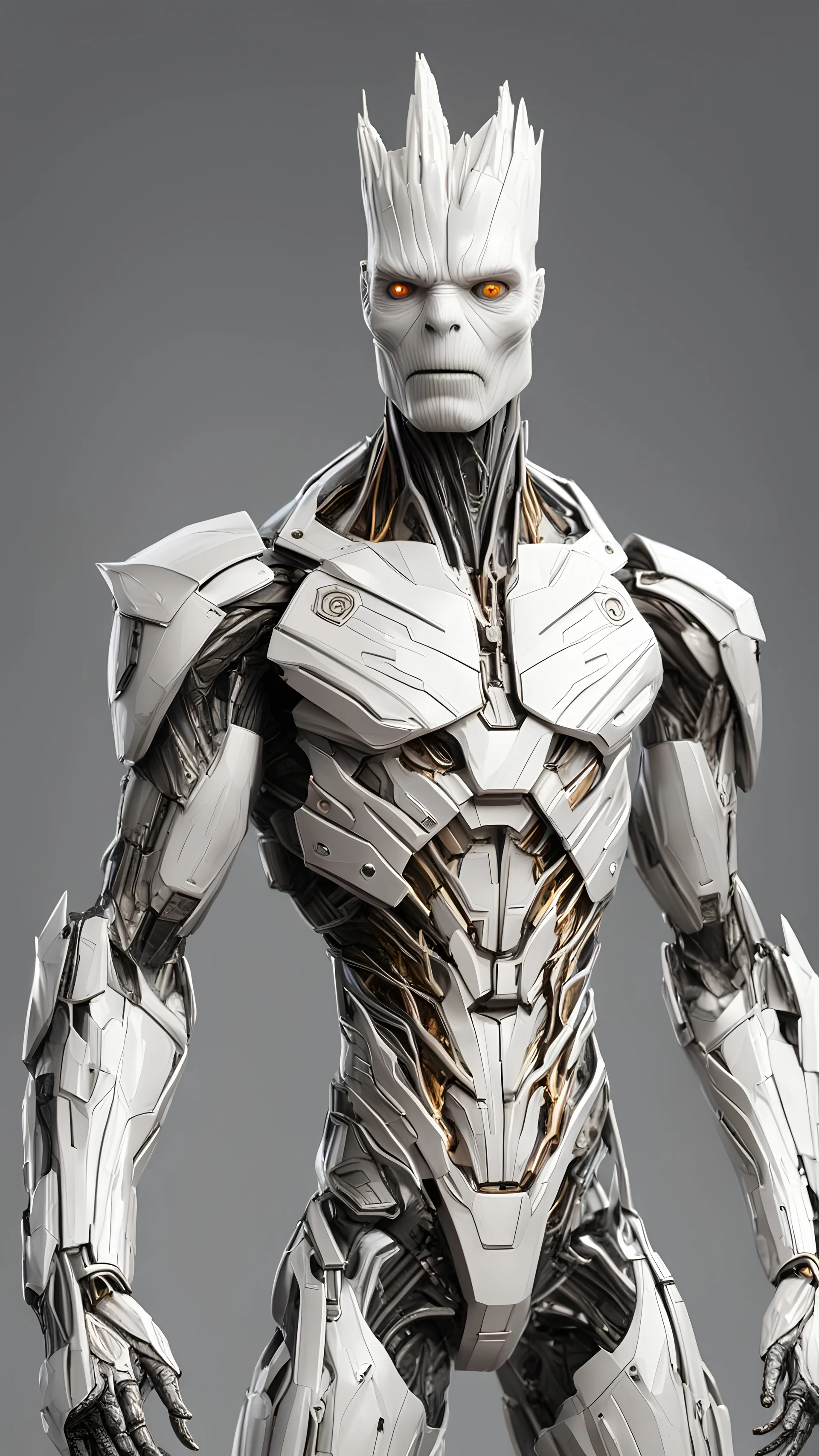 A realistic white groot in a titanium cybernetic suit, detalhado, designe perfeito, alta qualidade arestas perfeitas e simetricas ::n_desenho de estilo, Low-quality imperfection, boneco, game, anime