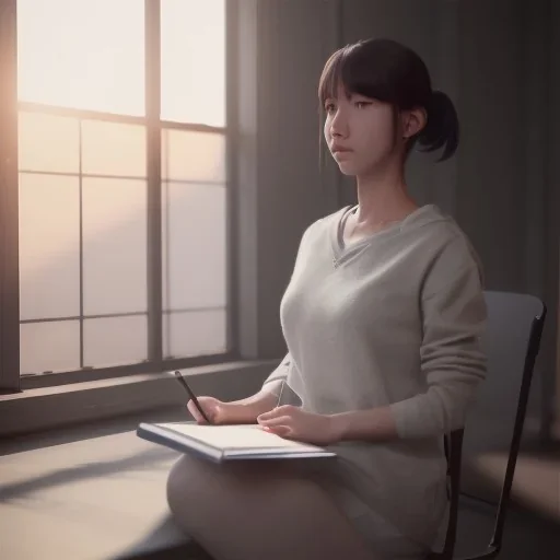 female student studying by the window, anime style, unreal engine 5, cinema4d, sun light, studio lighting --ar 1:1 --v 4