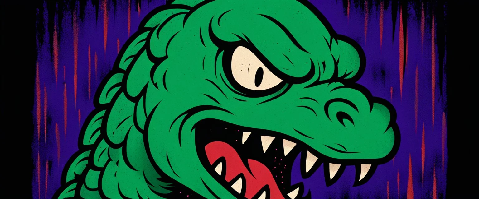 monster more angry and more 90s style, angry fast, extreme, wild, so so angry, red and purple background with 90s style slashes, 45 degree angle