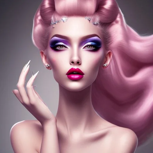 a princess wearing a lot of makeup and painted nails, with pink lipstick,with a blund nic hairstyle dramatic, dramatic lighting, volumetric lighting, hyperrealism, 8k, high quality, photorealistic, lot of details