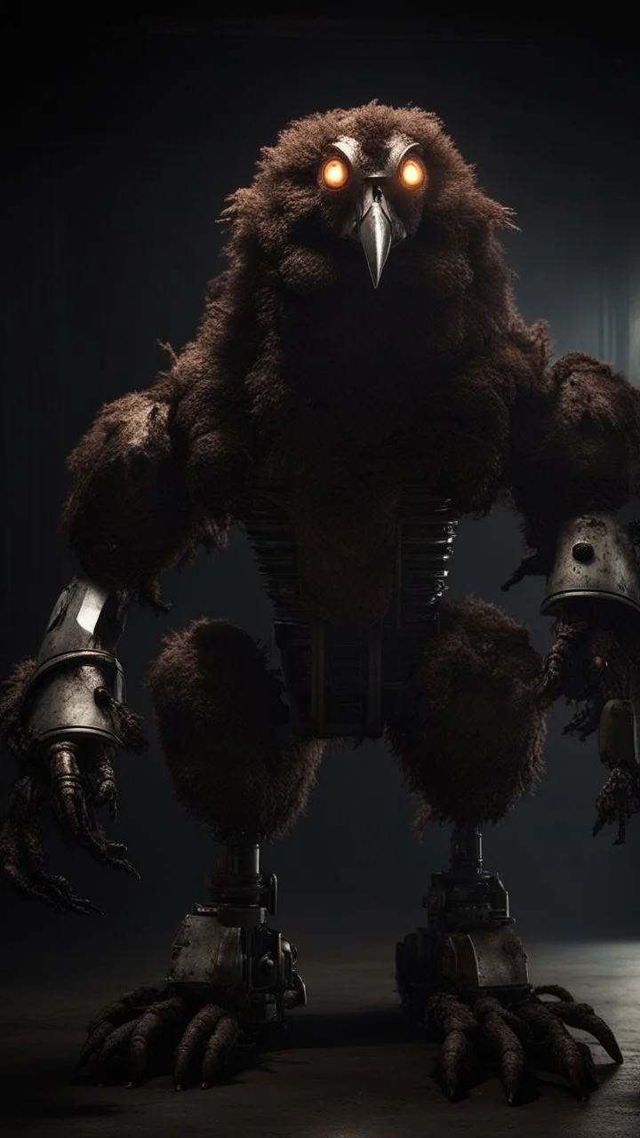 chicken monster robot with eerie lighting and a haunting atmosphere , photo / ultra realistic cinematic