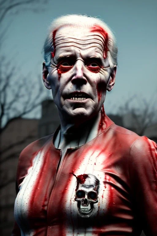 Ultra realistic image, joe biden zombie, zombie performance, skull, blood, torn arm, night, walking twisted, waist up view, thriller style, dark ambient, highly detailed, White House background, concept art, unreal engine 5, god rays, ray tracing, RTX, lumen lighting, ultra detail, volumetric lighting, 3d, finely drawn, high definition, high resolution.