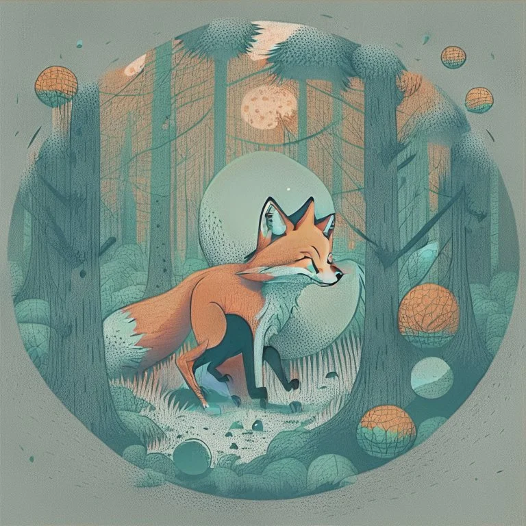 Perfect round ball fox playing inside a forest, 2d flat illustration style, mono, 6 colors max