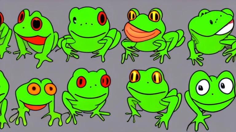 game sprite sheet of 30 images of stylized frog, view from six different angles covering 360°, collection sheet, arcade game, digital art