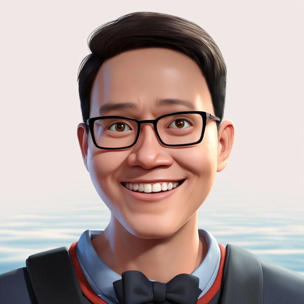 a portrait of smiling a man. netherlands-indonesia blood. round 40years old. carricature. dark black hair. short hair. light brown skin. dark brown eye pupils. wearing small rectangle, thin frame glasses. square face shape. formal dress. pixar style. 3D. 4k. portrait. highly detailed. sharp focus. high resolution. full color. cinema lighting