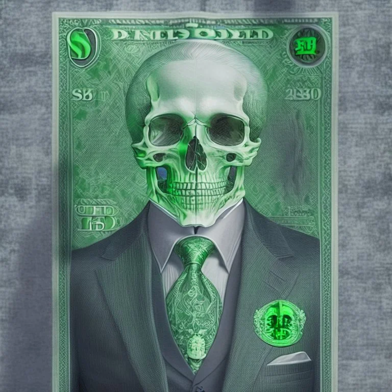 a head and shoulders portrait of a skeleton dressed in a three-piece suit as the president of the united states, based on us currency, united states one dollar bill, shades of green, real-life, colors match the united states one dollar bill, realistic, robotic, black and white