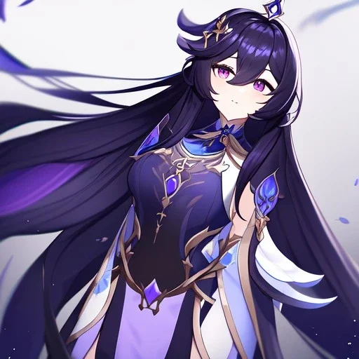 Clear focus,High resolution, Black long straight hair, Long bangs, and purple eyes, wearing a Genshin Impact outfit, Cartoony Style