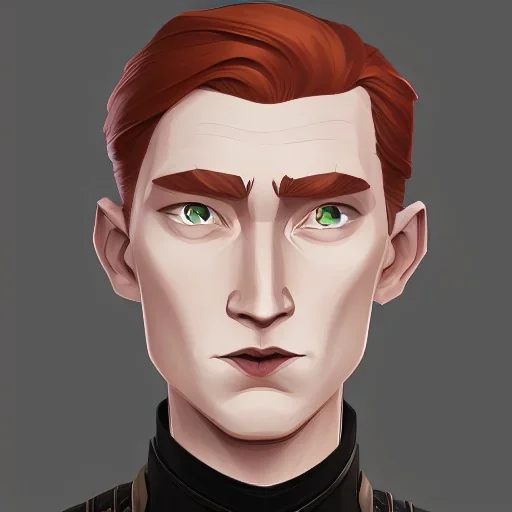 general hux 3/4 view, wearing a black First Order uniform, serious, imposing figure, thick eyebrows, digital art, wearing a black First Order uniform, green eyes, gray background, sepia filter