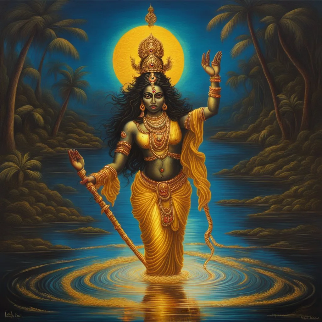 An oil painting of goddess Kali crossing a lake, neon gold colors, high detail,