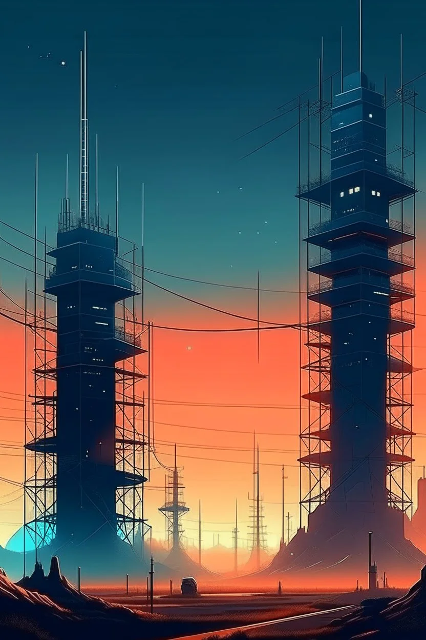cyberpunk retro futuristic radio communication towers far away