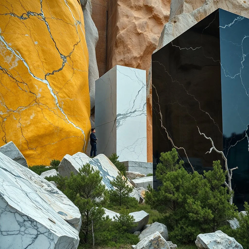 Un'immagine di un paesaggio naturale con marmi gialli e blu scuro, imponenti, accanto a strutture artificiali. Queste strutture sono blocchi rettangolari riflettenti, che creano un contrasto tra il naturale e l'artificiale. Elementi brutalisti si ergono solitari. Persona osserva. bianco con venature e solchi. Magma liquido nero. La scena trasmette un senso di sospensione e dialogo tra elementi organici. Dettagli degli specchi e delle rocce molto accentuati. Alberi. Hasselblad h6d400c