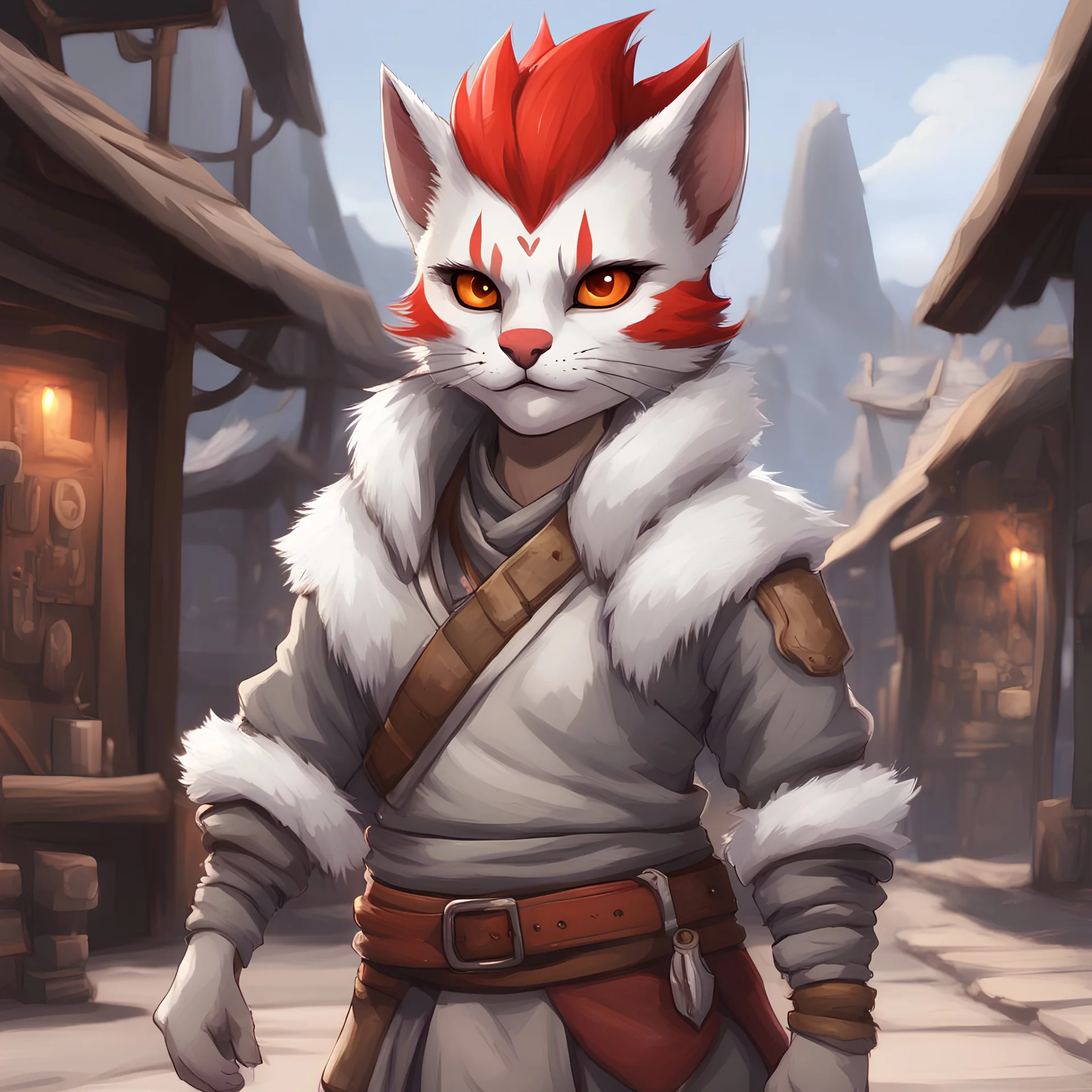 Abenil is a female khajiit with white fur and a red mohawk with a nose piercing dressed in simple light gray tunic with brown belt and gray paints, in chibi art style, background outdoor merchant shop