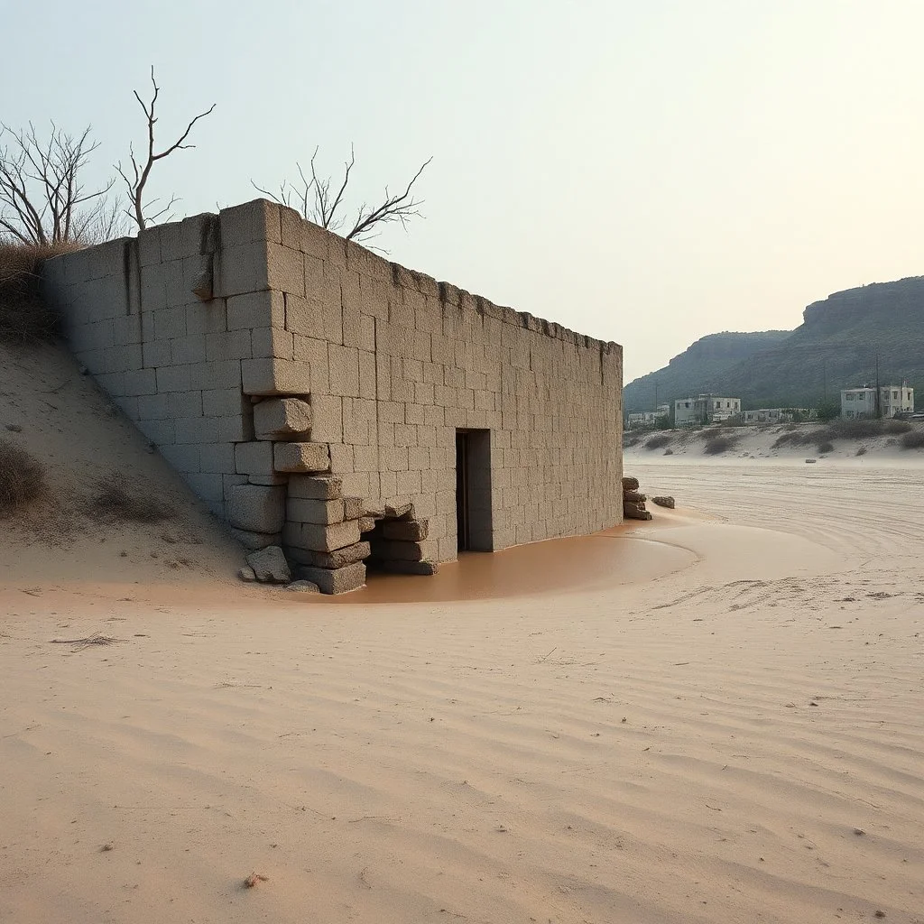 Fotografia di una strada moderna brutalista, che sembra un tugurio, parzialmente sommersa. La struttura è erosa e inglobata dal paesaggio naturale, come se il tempo o l'ambiente avessero iniziato a "riassorbirla". L'atmosfera è desolata e surreale, con un ambiente circostante spoglio e sabbioso hasselblad h6d400c