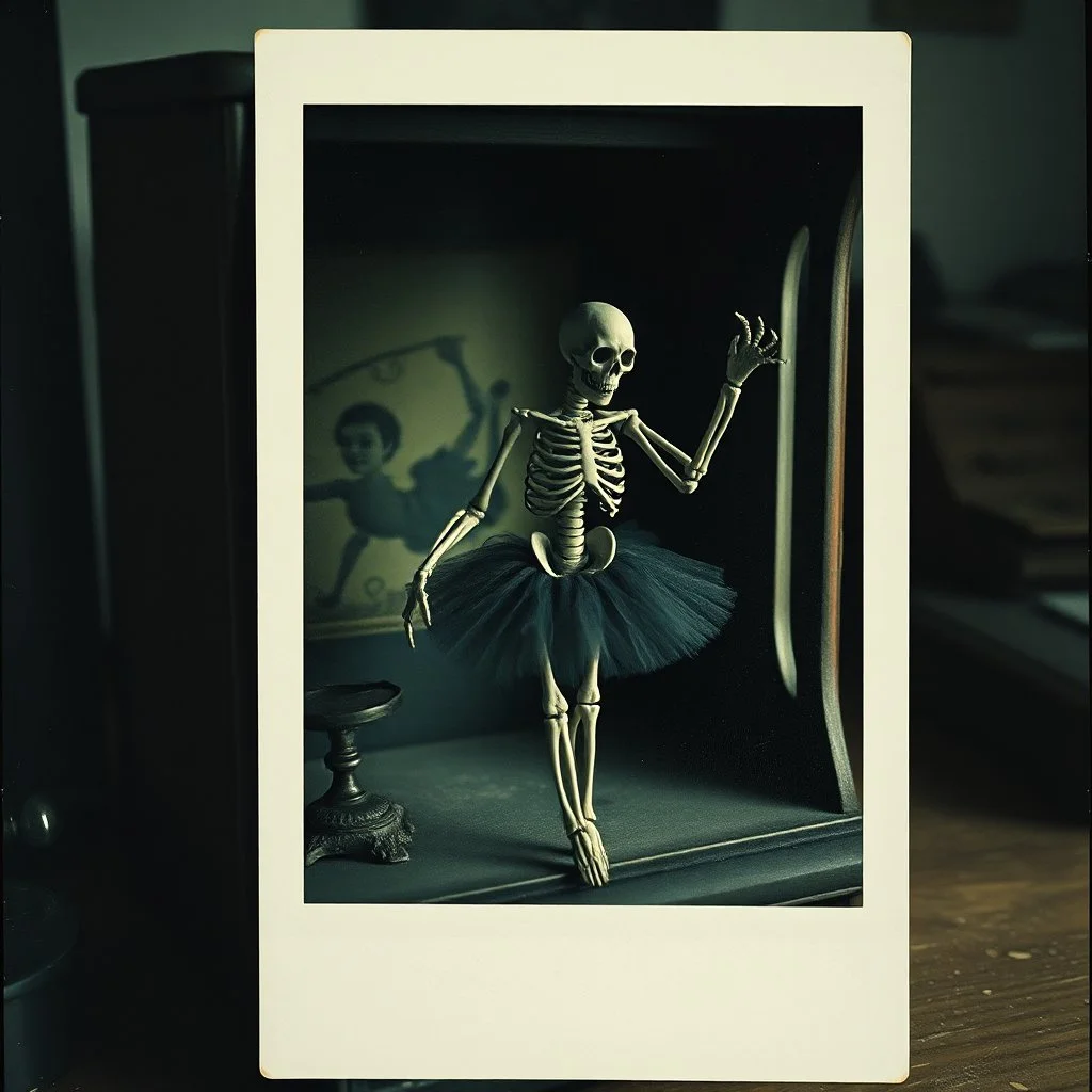 arcane, found footage, unsettling dread. The grainy polaroid of a cursed music box, dull colors exacerbating an atmospheric gloom. gnarly skeletal ballerina, unusual juxtapositions, dusty desk, dark negative space,