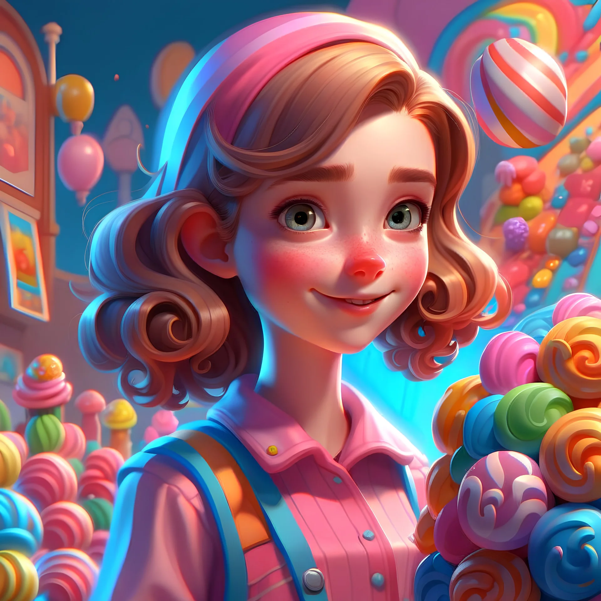 a modern girl in a candyland, pixar character, a character portrait by Jan Tengnagel, Artstation, gambling art, artstation hd, official art, 2d game art