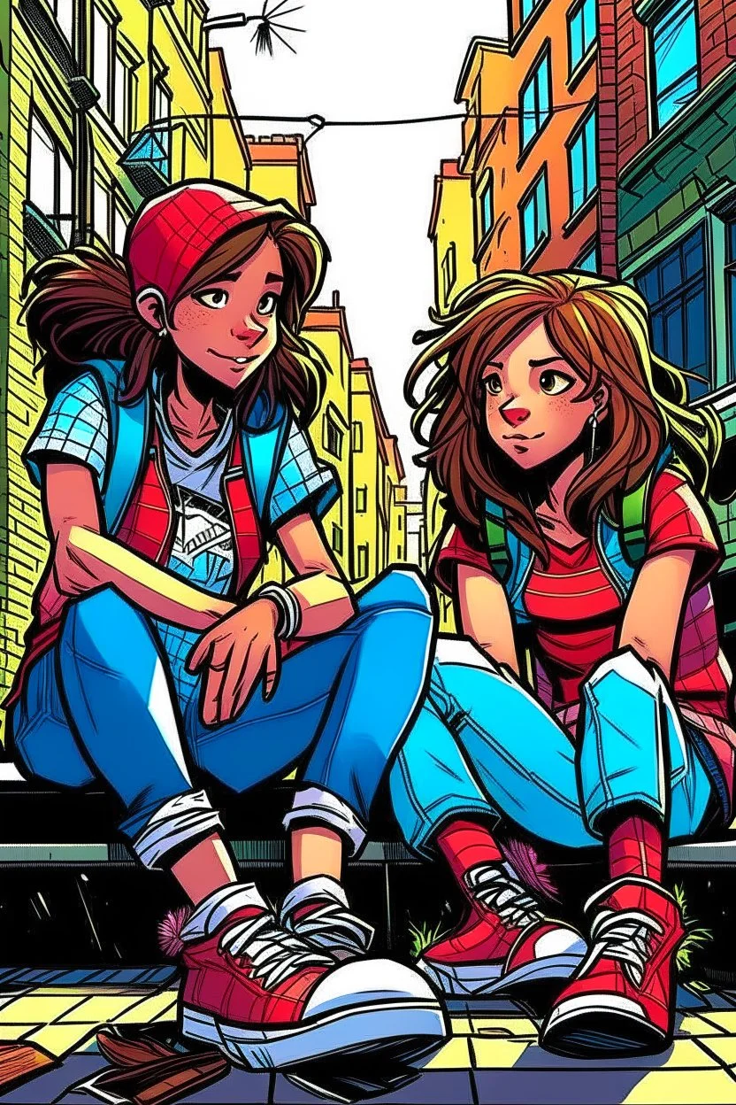 çizgi roman tarzıiki kız beraber sokakta oturuyorlar yaşları daha büyük liseliler daha renkli kızlardan birinin saçı kabarık diğerininki ise biraz uzun geniş açı ikisininde vücudu tam görünsün 2 boyutlu çizgi roman tarzı koyu gölgelendirme ayakları düzelt 3 boyutlu biraz daha üç boyutlu 3 boyutlu kızların fiziklerini değiştir yüz tiplerini değiştir keskin çizgiler olmasın doğum günü kutluyorlar