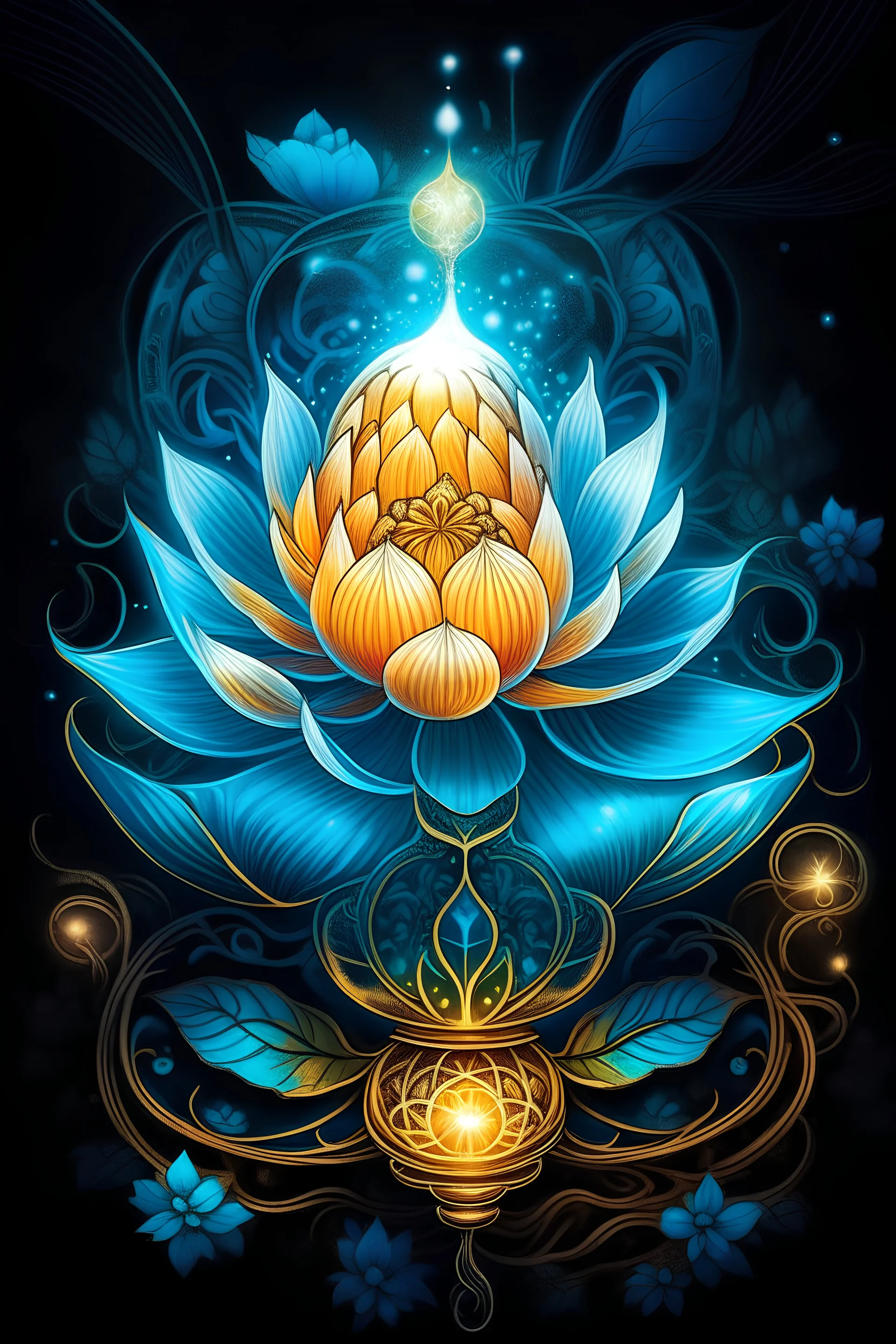 In this captivating cover design for Padmeflor, a variety of elements coalesce to create a vibrant and unique visual experience. The focal point is an illuminated light bulb, symbolizing the clarity of ideas. A stunning lotus flower, representing purity and beauty, floats gracefully in the background. The artist's skill is showcased through various design tools, including pens, brushes, and digital tablets. Golden highlights accentuate the quality of the work, while diverse portraits of people,