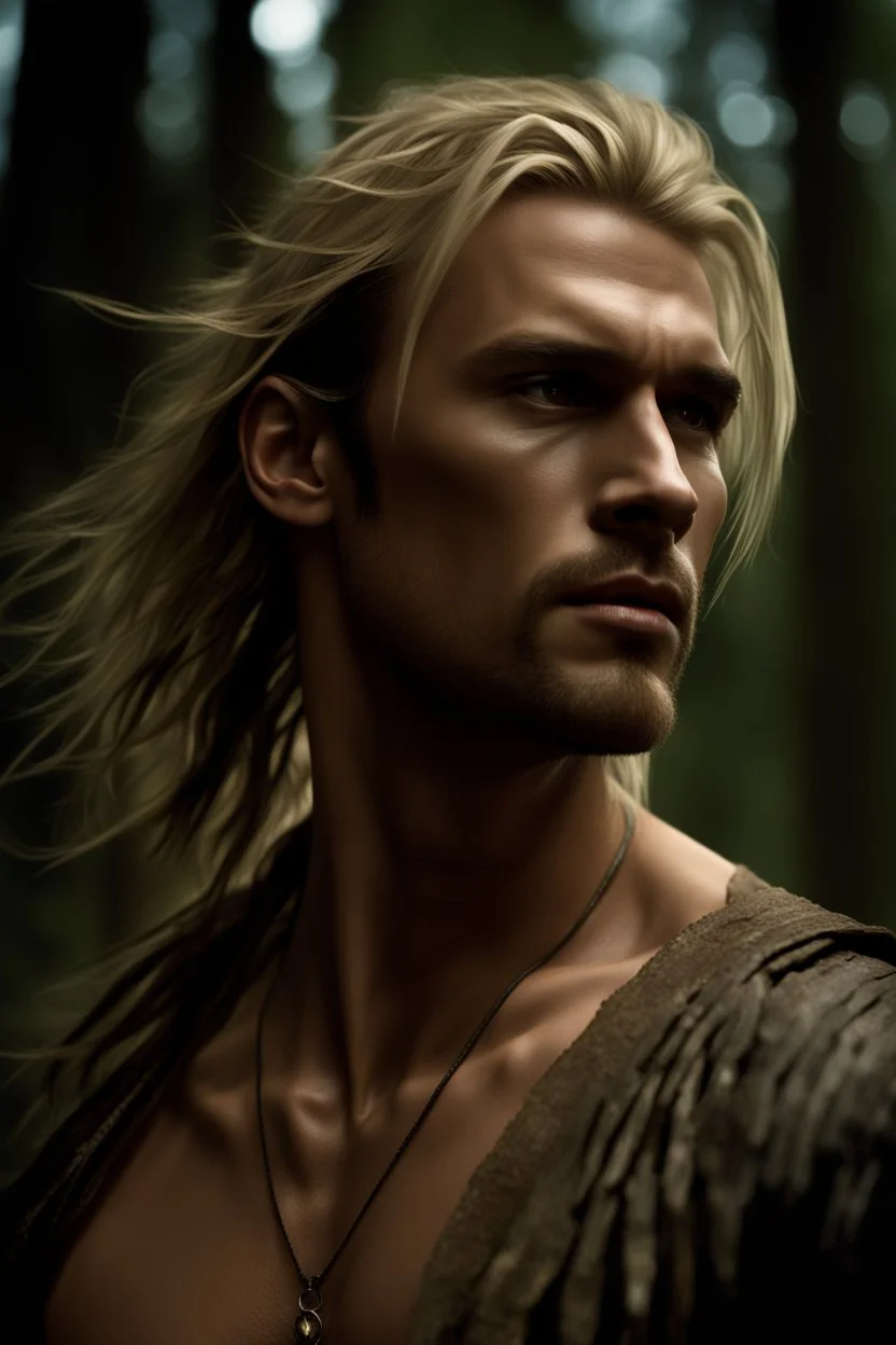 Tall muscular man aged 35 with light shaggy hair which falls around his shoulders, blonde neatly trimmed beard, bare chested, photorealistic, dark fantasy, forest.