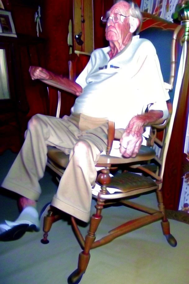 Uncle Roger put leg down from chair.