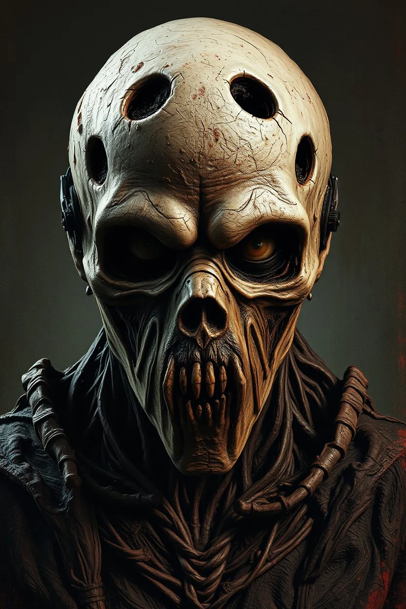 The man with iron mask . Scary face , decayed and rotting with grotesque proportions and imagery. abstract grotesqueries, detailed texture, surreal horror, biomechanical design, by hr giger and beksinski