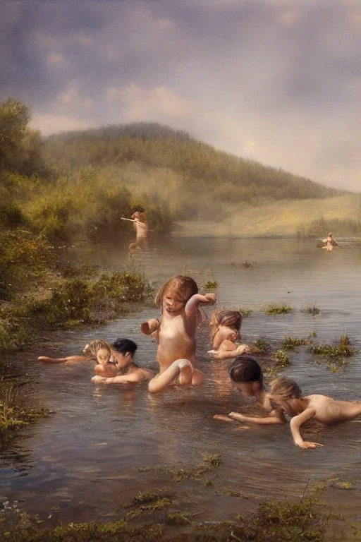 four kids SWIMMING AND PLAYING on beautiful lake . one of them cooking fish and the other three playing on a by Jean-Baptiste Monge, highly detailed, lighting, very attractive, beautiful, high detail, award winning, hyper-realistic, high definition, crisp quality, watercolor highly detailed Award winning photography photorealistic