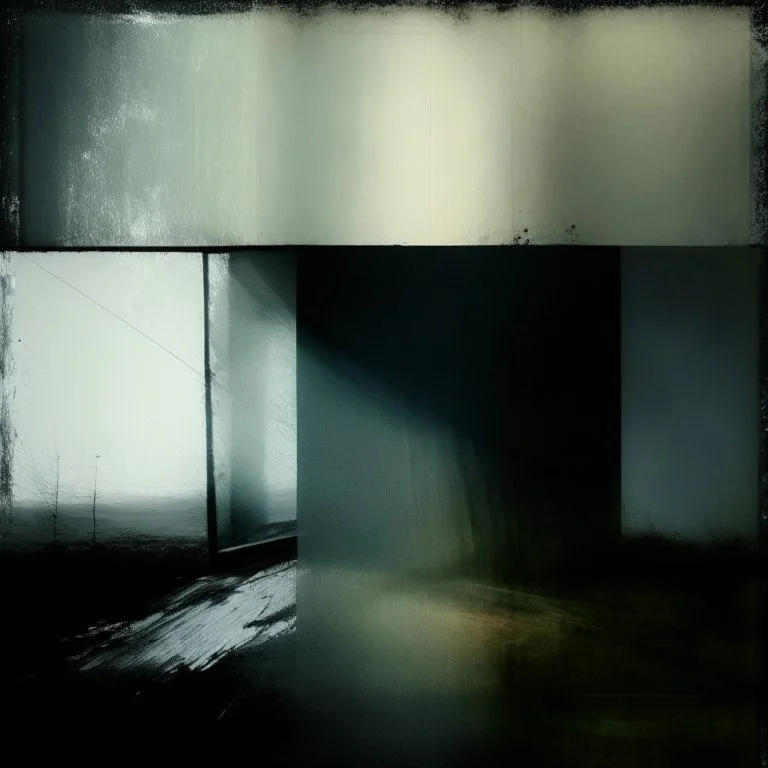 Minimal abstract oil painting, industrial concrete room with light through square blurry window. Dark shspes of human. style of Justin Mortimer and Francis Bacon