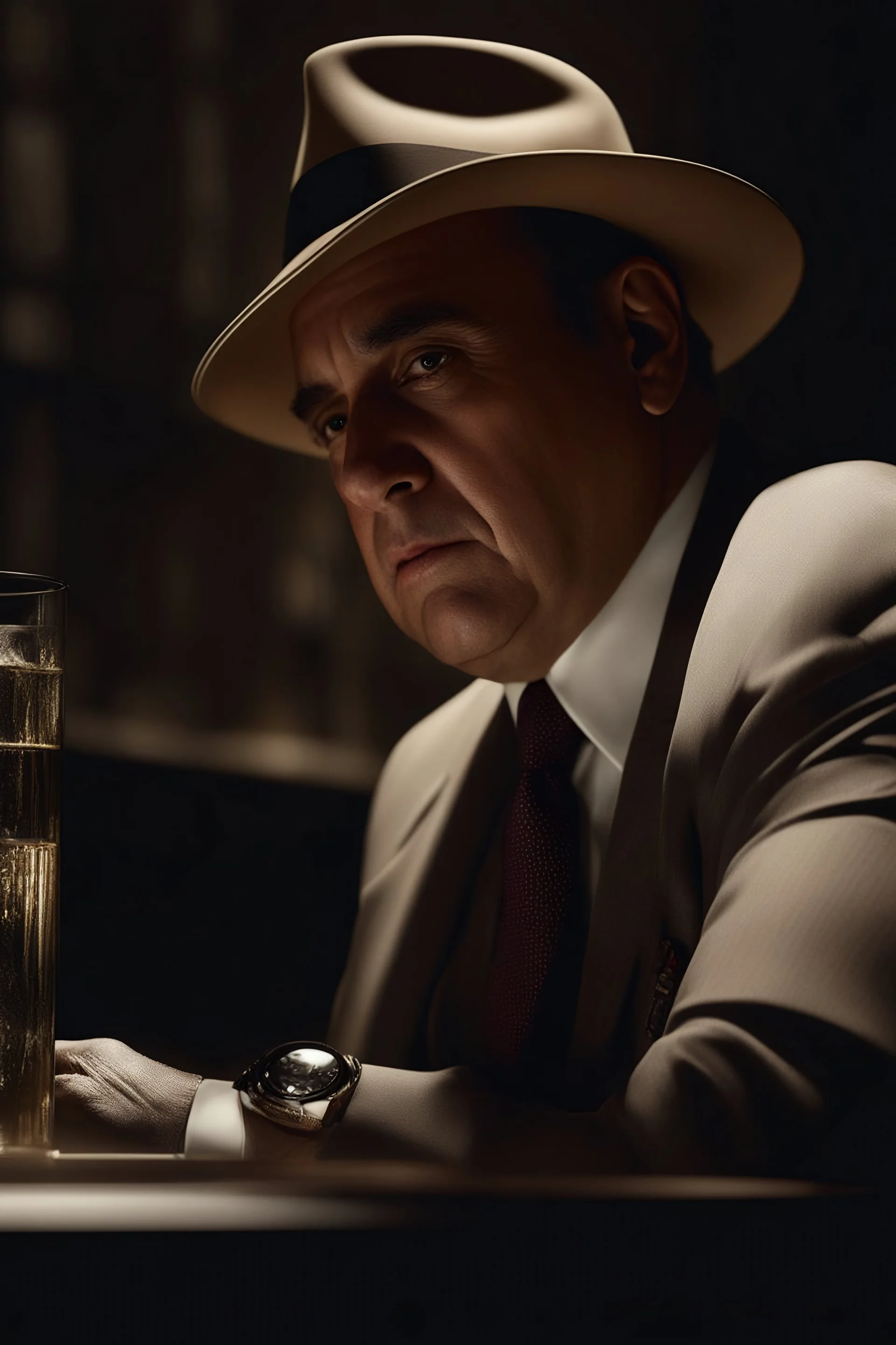 chiaroscuro, deep shadows, masterpiece, rich deep colors, highly detailed portrait, Al Capone 500,000,000 years in the future after Aliens invaded earth, 4k, 8k, 16k, 32k. 100k UHD, extremely detailed skin texture, hyper-realistic, photorealistic, Realism Engine, Realistic Vision V