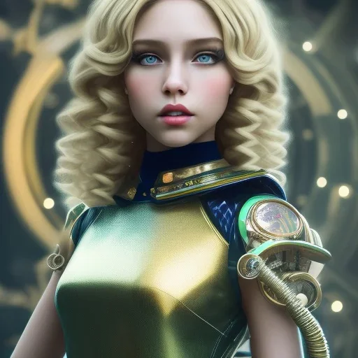 portrait of a teenager girl with curly blonde hair and green eyes,steampunk style,8k quality,full body shot, masterpiece, best quality,sparkling eyes, fluorescent skin, colorful makeup, highly detailed body,sun light, 4K, RAW, depth of field, high contrast, realistic details, 24mm