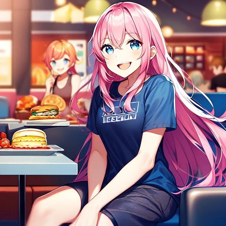 girl, masterpiece, best quality, cinematic lighting, detailed outfit, perfect eyes, long hair, pink hair, blue eyes, laughing, at restaurant, food, detailed background, wide view, god rays, sitting down, casual clothes,