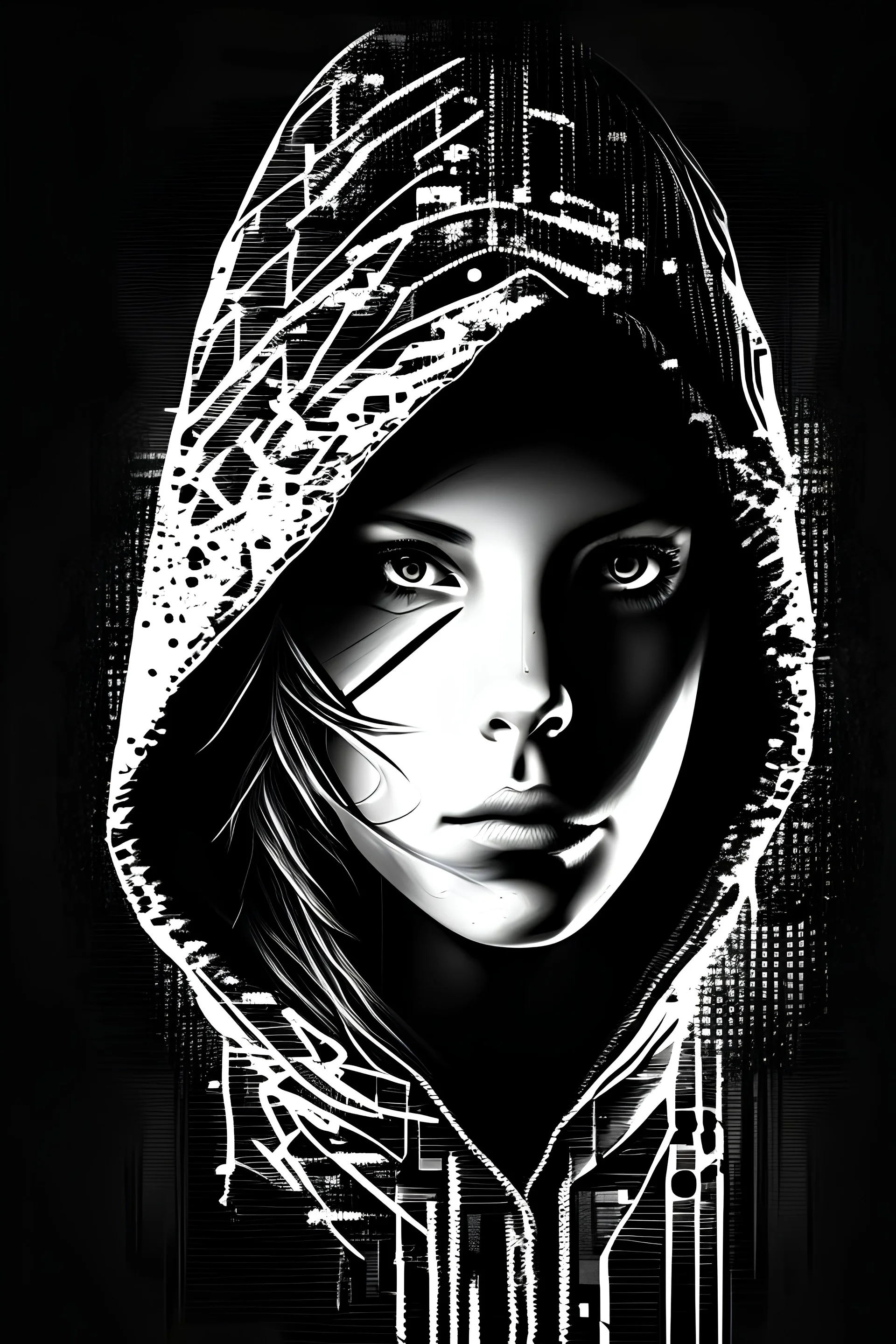 Create a graphic picture of an mystical women hacker with an huddie with the face forward faceing, in black and white to be used as a logo