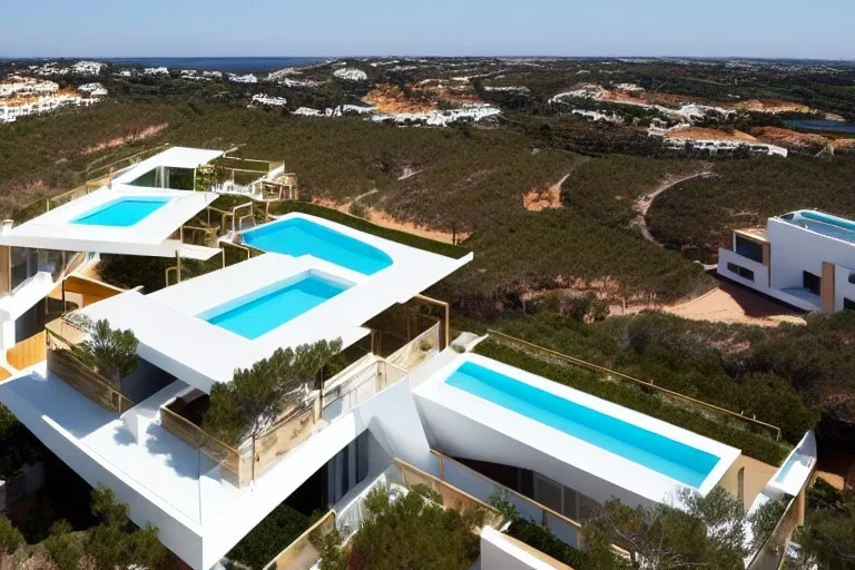 Day in algarve quinta do lago, aerial architectural view, modern luxury villas architecture building WITH STRAIGHT LINES AND CANNOPY in white render and wood with cannopy in gold metallic details and a modern luxury hotel building with two floors and extending covered terraces cascading, pinus pinea overlooking the golf course, green roofs and pools, sloped land with pinus pinea, hyper realistic 8k ultra render