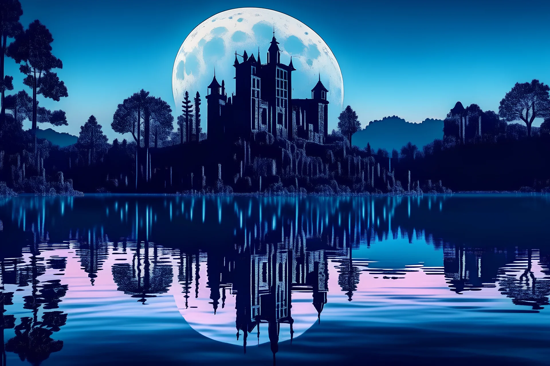 lost castle in the middle of a lake seen from shore with full moon in background at night
