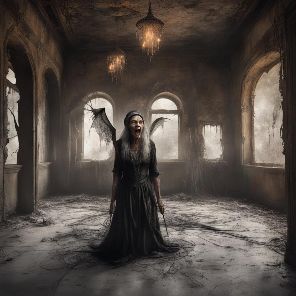 Hyper Realistic photographic-view of Terrifying-Old-witch angrily-smiling & flying inside an abandoned Indian-palace-lounge with cobwebs & candles, cracked-walls-&-peeling-paint showing dramatic & cinematic ambiance"