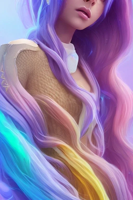 isometric clean art of super beautiful lady, soft lighting, soft pastel gradients, high definition, 3d icon clay render, blender 3d, beautiful, long hair, rainbow hair, rainbow dress, close up