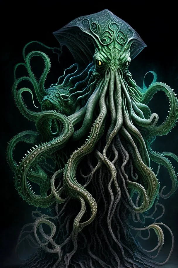 A captivating realistic artwork design presenting a full-body depiction of Cthulhu, the ancient entity of cosmic horror. The design showcases the magnificence of Cthulhu's form, with an array of intricately rendered tentacles surrounding its massive body. Cthulhu wears an extraordinary hat, adding a touch of character and mystique to its fearsome presence. The artwork is crafted in astonishing 8K resolution, providing unparalleled clarity and sharpness, allowing viewers to appreciate every intr